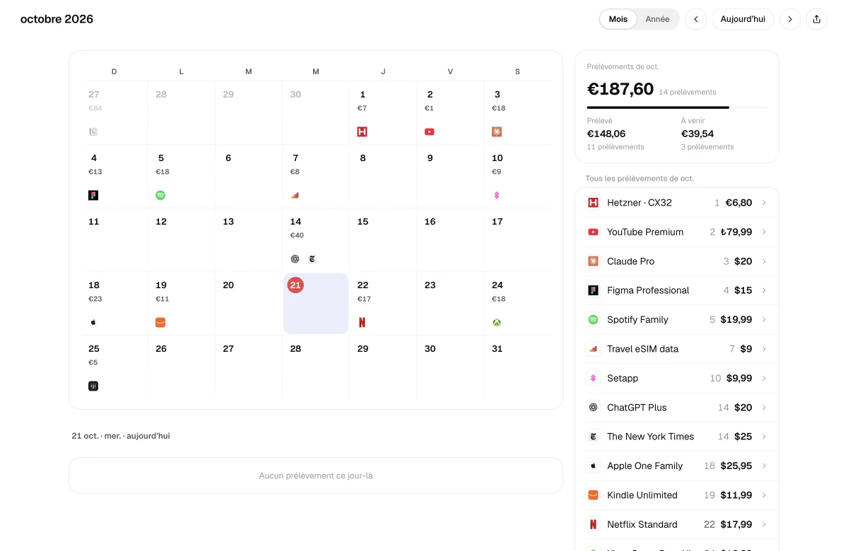 Vue mensuelle du calendrier et prélèvements du mois