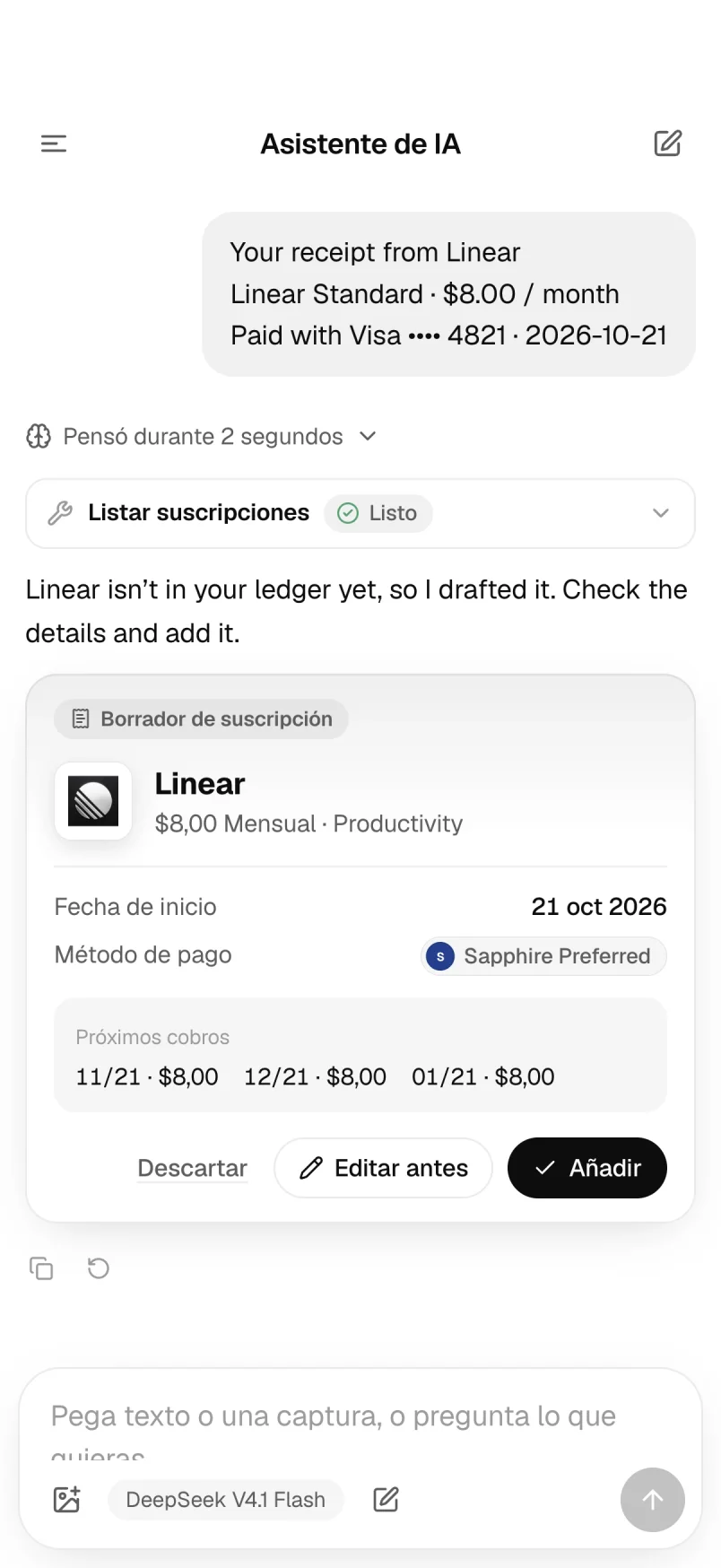 Asistente: borrador de suscripción creado a partir de un recibo