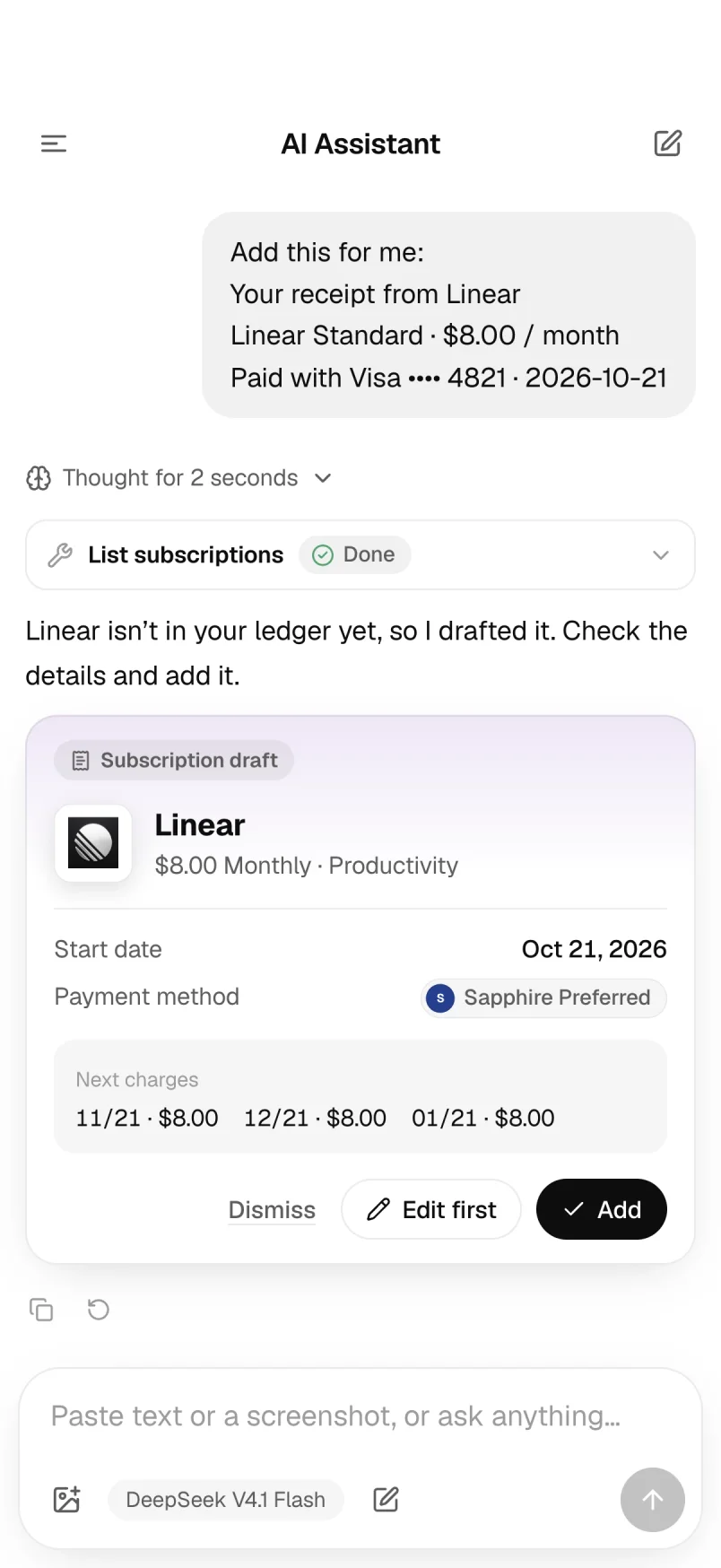 Assistant: a subscription draft made from a pasted receipt
