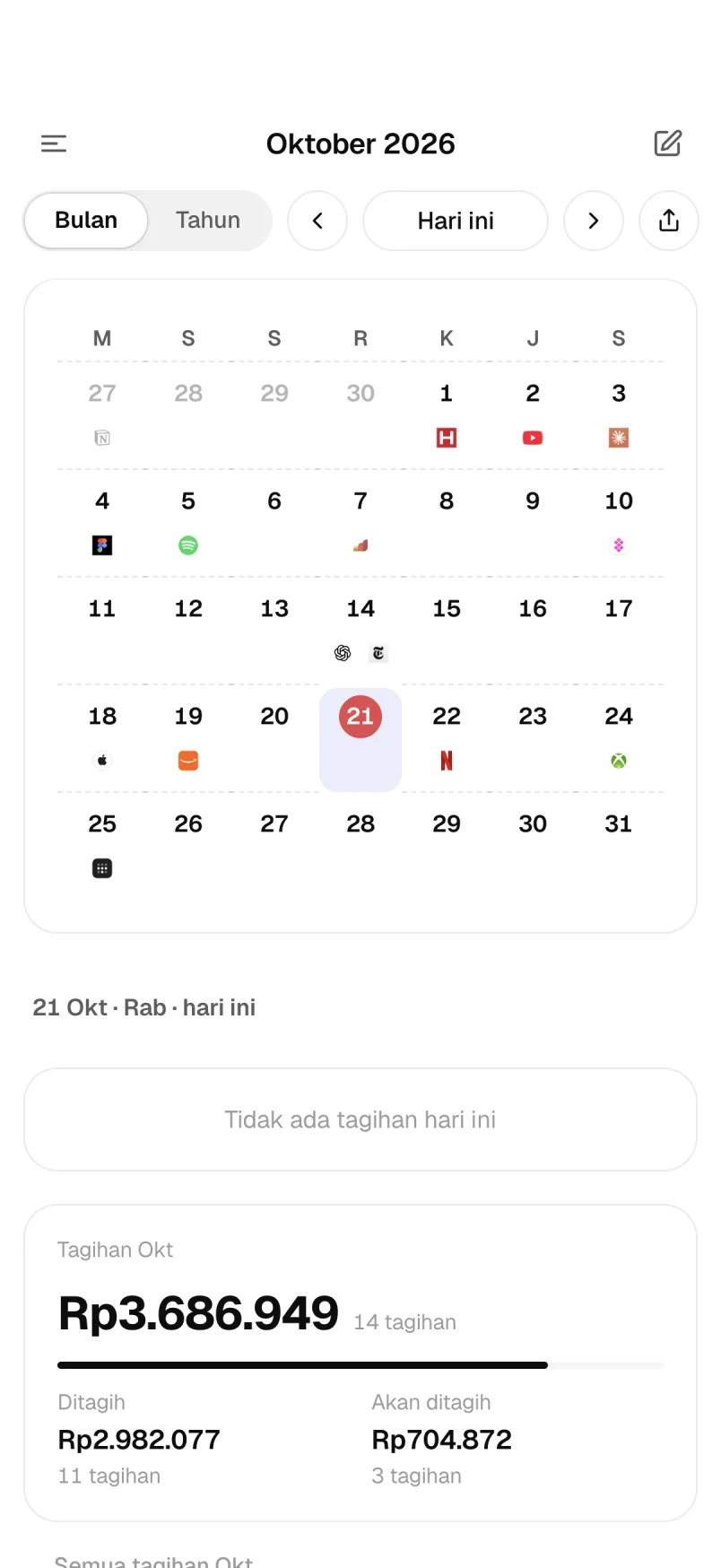 Kalender bulanan dengan tagihan bulan ini