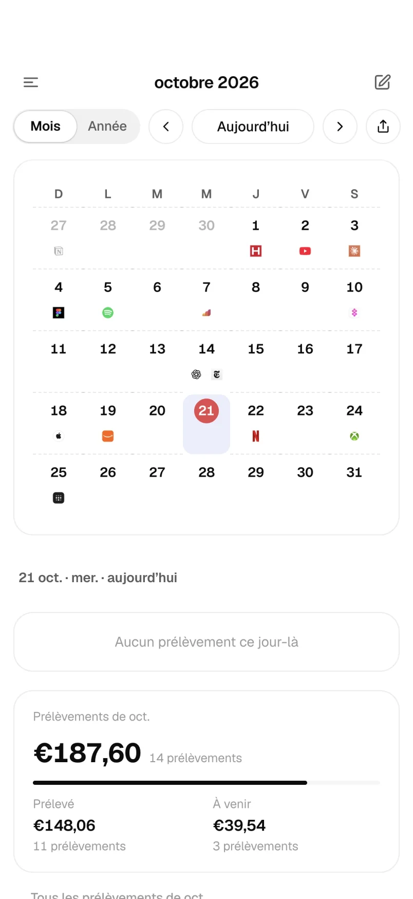 Vue mensuelle du calendrier et prélèvements du mois