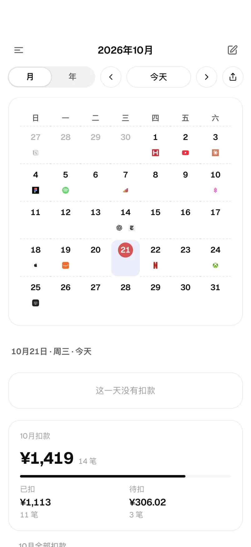 日历月视图与当月扣款
