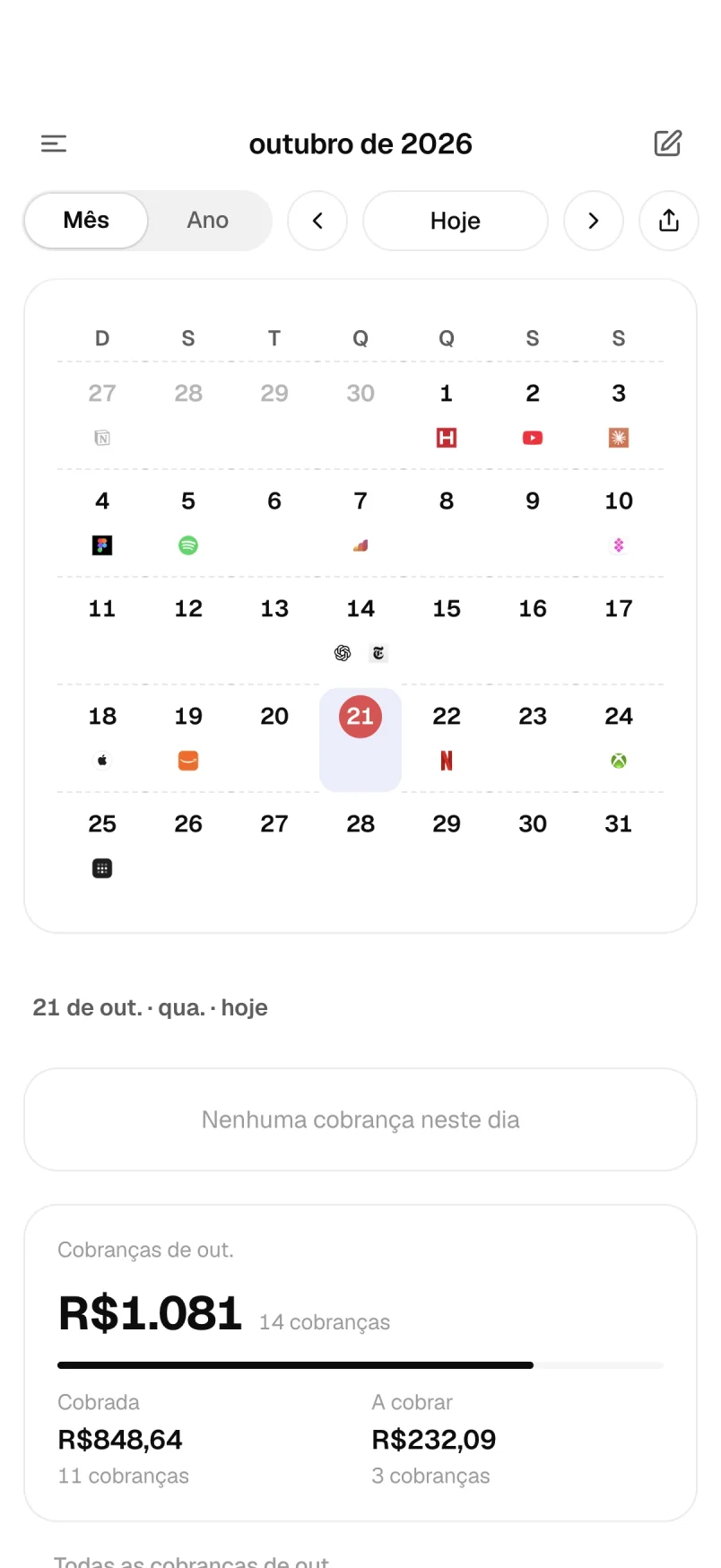 Calendário mensal com as cobranças do mês