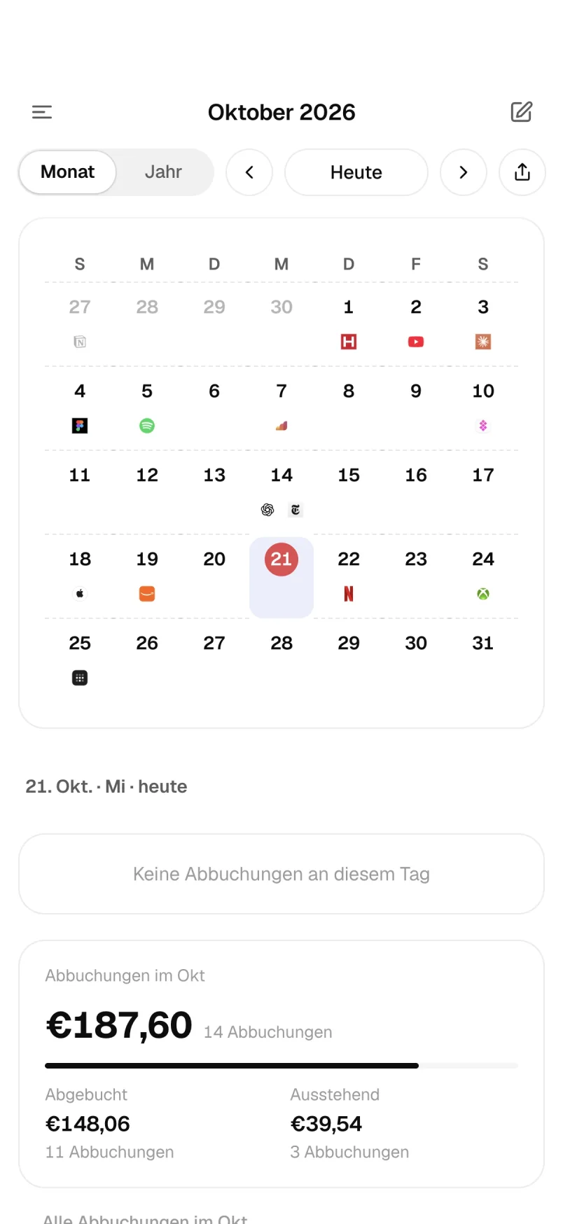 Monatskalender mit den anstehenden Abbuchungen