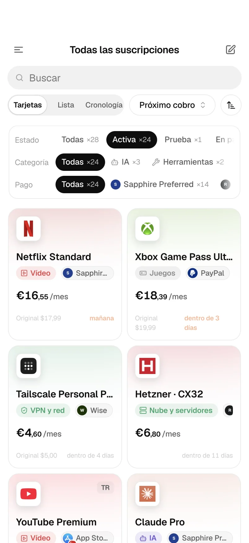 Suscripciones en vista de tarjetas