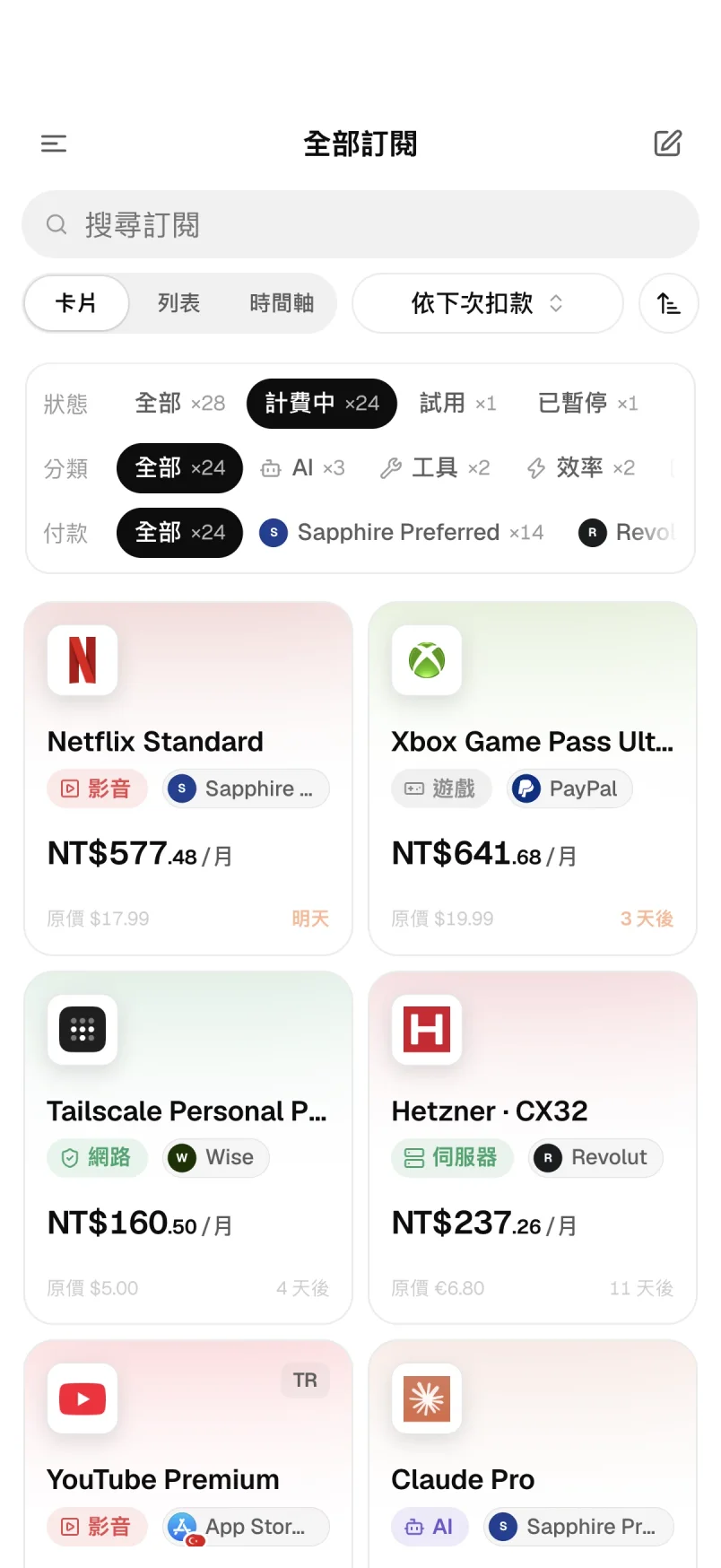 訂閱卡片檢視