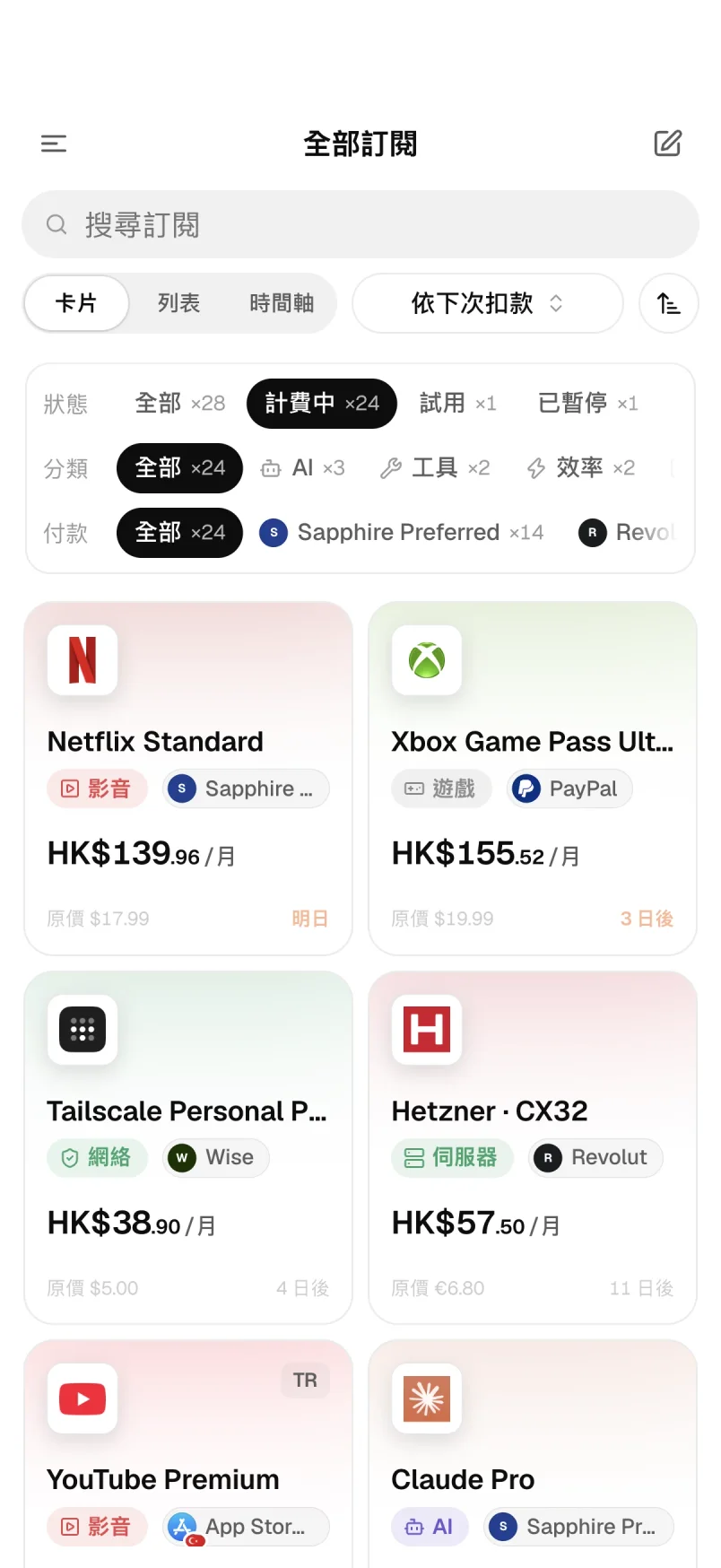 訂閱卡檢視
