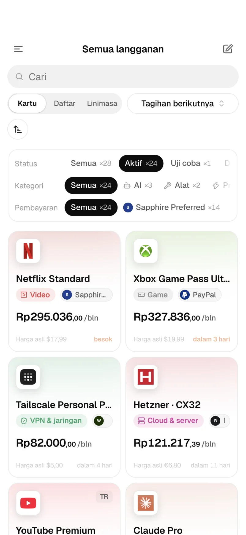 Tampilan kartu langganan