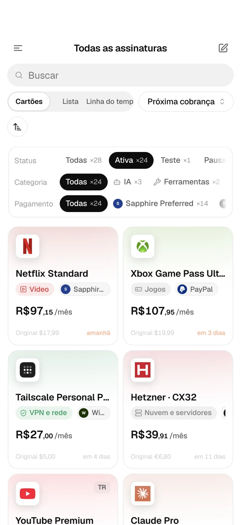 Assinaturas em cartões