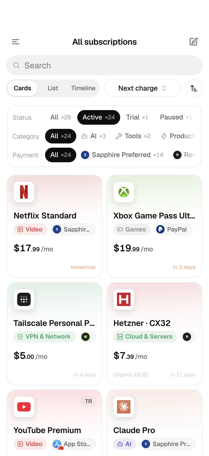 Subscriptions as cards