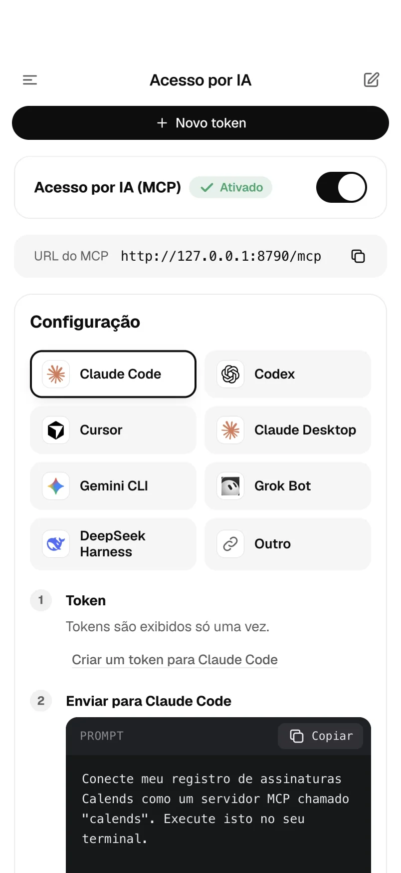 Página de conexão: escolha um assistente e copie a configuração