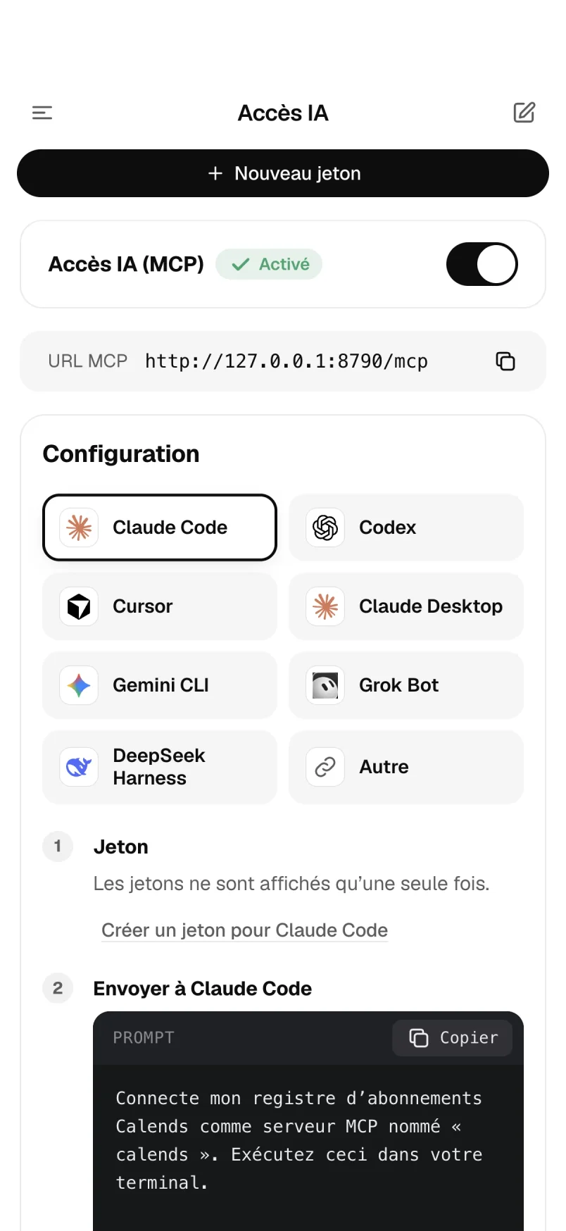 Page de connexion : choisissez un assistant et copiez sa configuration