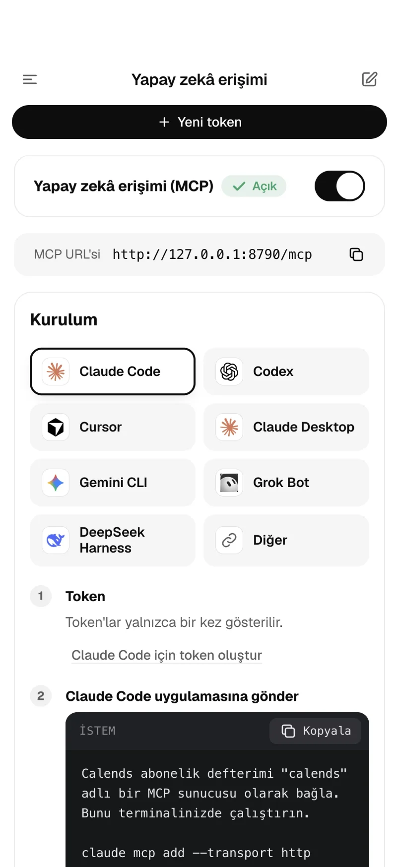 Bağlantı sayfası: asistanı seçin ve yapılandırmayı kopyalayın