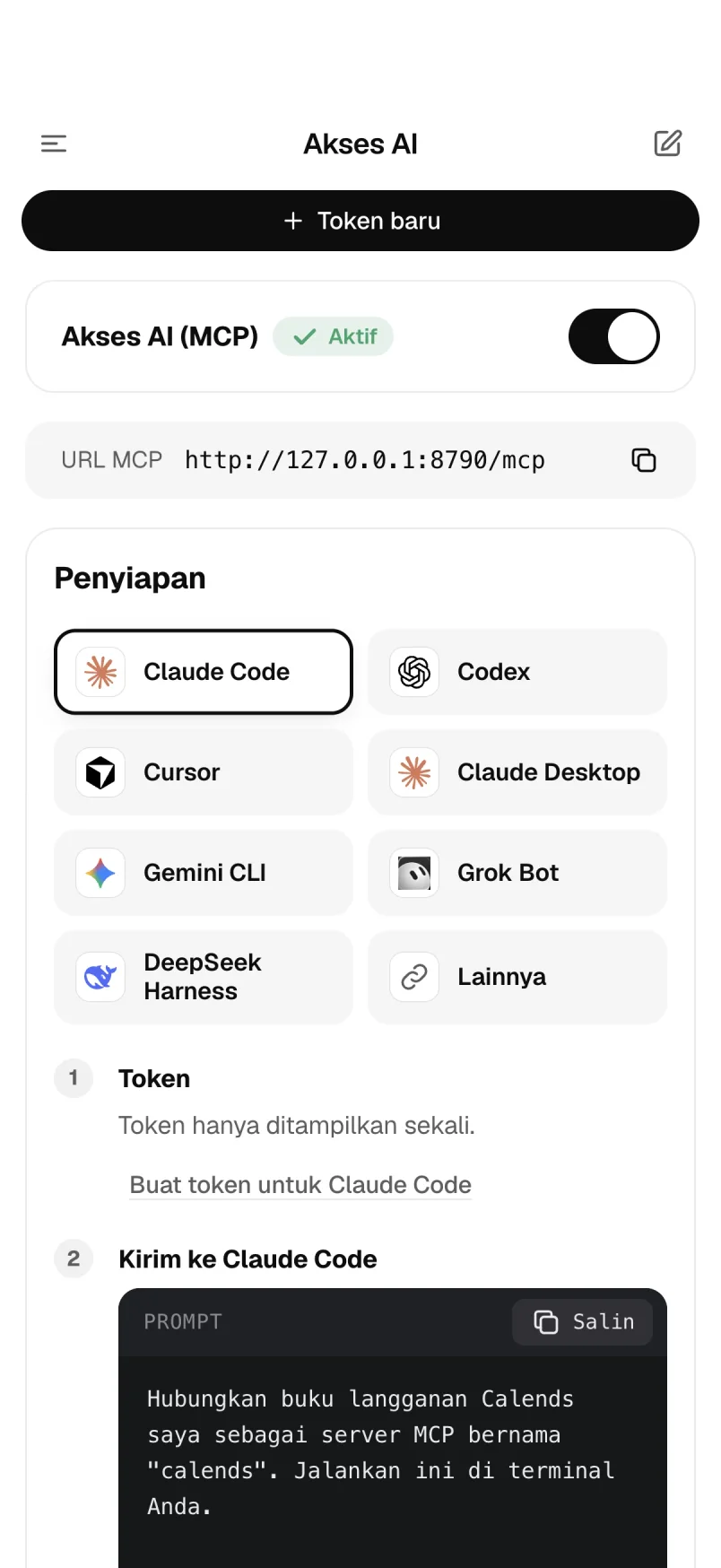 Halaman koneksi: pilih asisten dan salin konfigurasinya