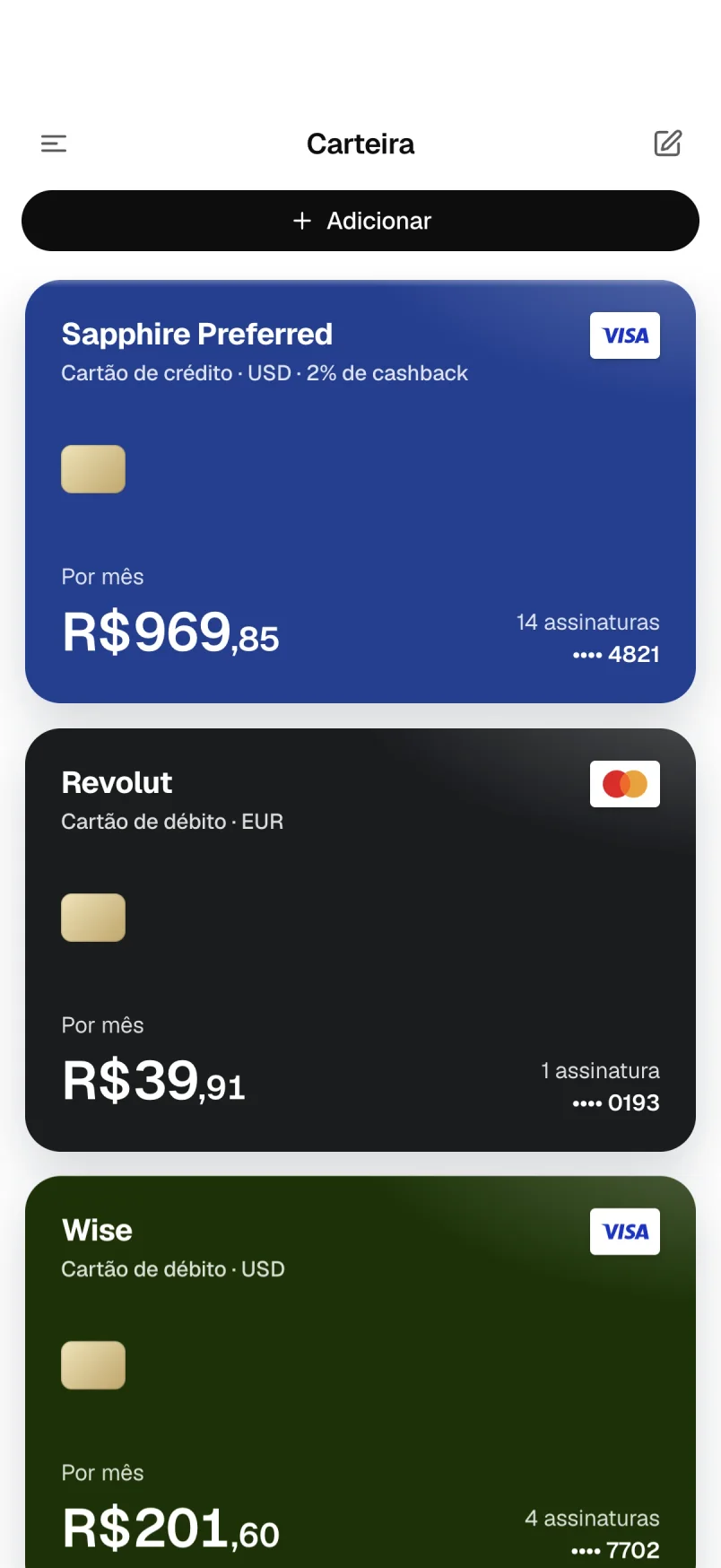 Carteira com formas de pagamento e previsão de saldo