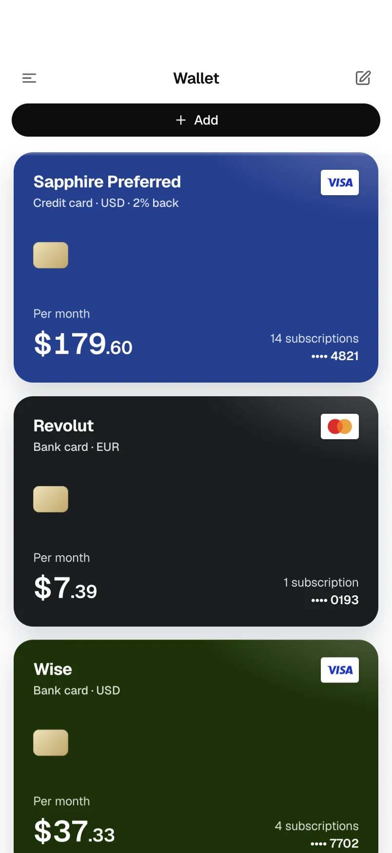Wallet with payment methods and balance runway