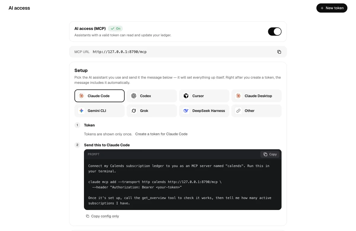 AI access page: pick an assistant and copy its config