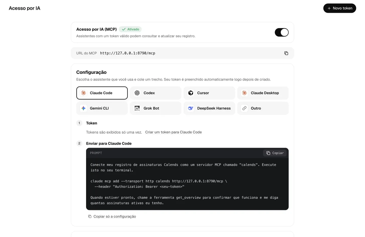 Página de conexão: escolha um assistente e copie a configuração