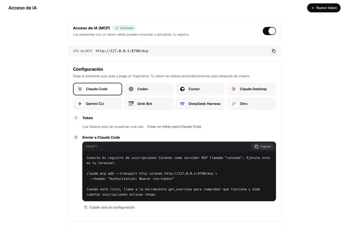 Página de conexión: elige un asistente y copia su configuración